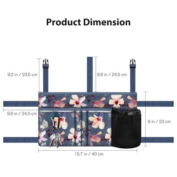 Large Floral Walker Tote Bag with Cup Holder Folding Walker Storage Basket Pouch - Picture 6 of 6